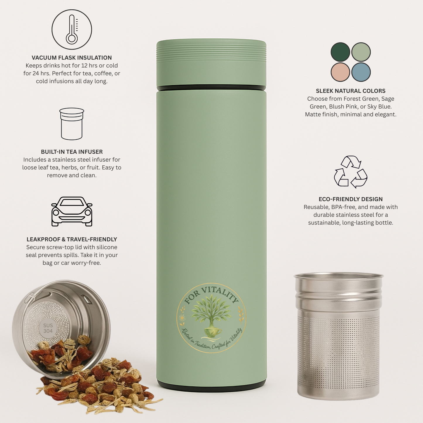 For Vitality® 16 oz Double Walled Insulated Travel Flask with Tea Infuser (480 mL) – Keeps Drinks Hot & Cold