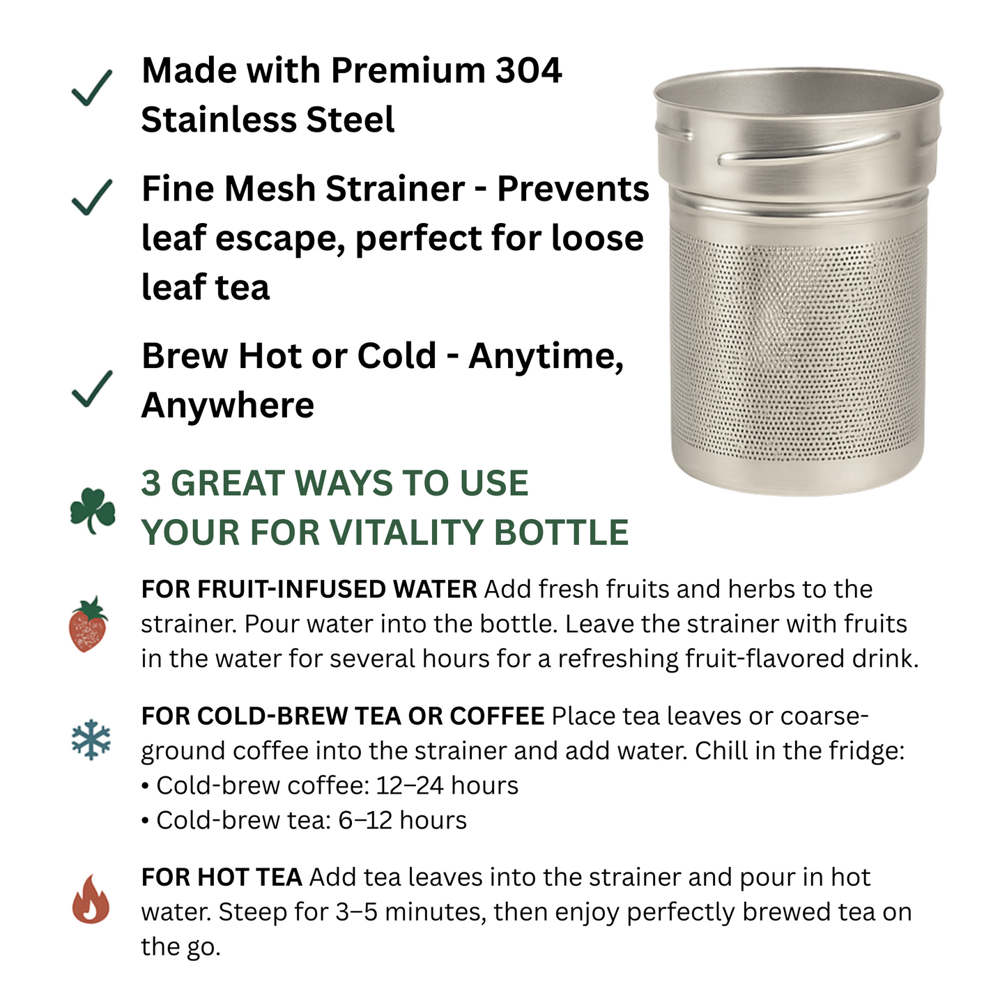 For Vitality® 16 oz Double Walled Insulated Travel Flask with Tea Infuser (480 mL) – Keeps Drinks Hot & Cold