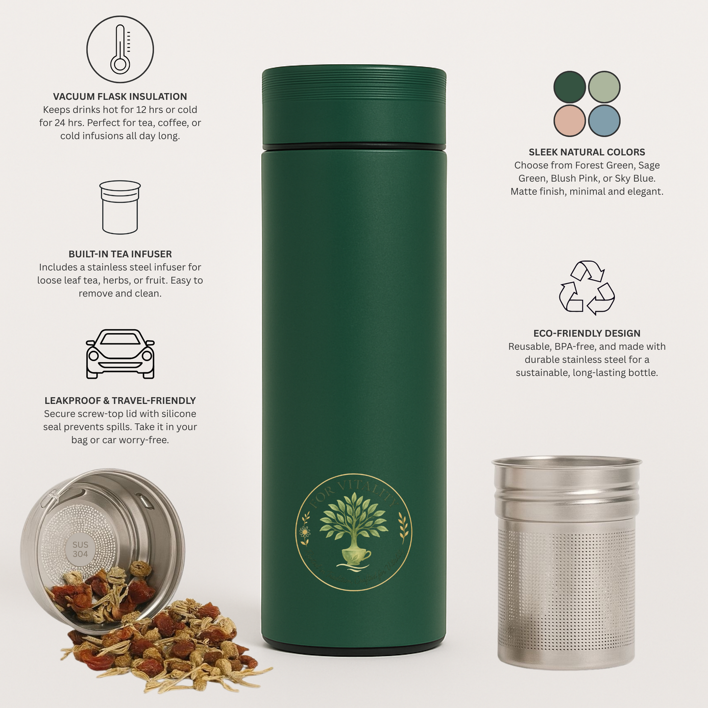 For Vitality® 16 oz Double Walled Insulated Travel Flask with Tea Infuser (480 mL) – Keeps Drinks Hot & Cold