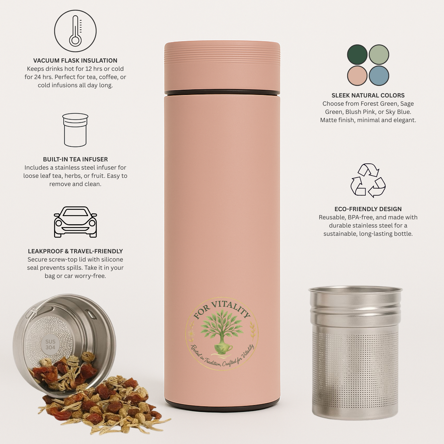 For Vitality® 16 oz Double Walled Insulated Travel Flask with Tea Infuser (480 mL) – Keeps Drinks Hot & Cold