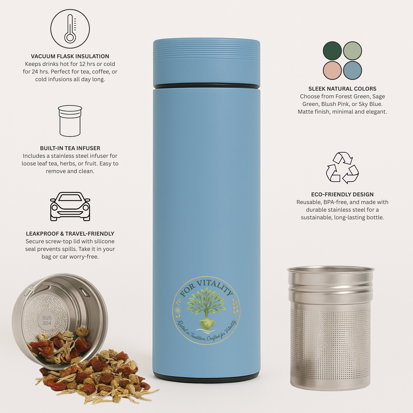 For Vitality® 16 oz Double Walled Insulated Travel Flask with Tea Infuser (480 mL) – Keeps Drinks Hot & Cold